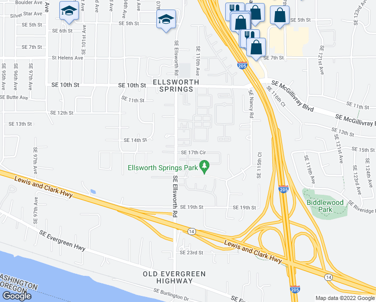 map of restaurants, bars, coffee shops, grocery stores, and more near 1319 Southeast Ellsworth Road in Vancouver