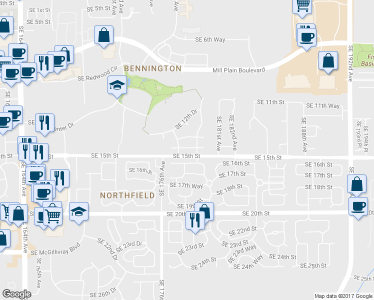 map of restaurants, bars, coffee shops, grocery stores, and more near 17715 Southeast 14th Circle in Vancouver