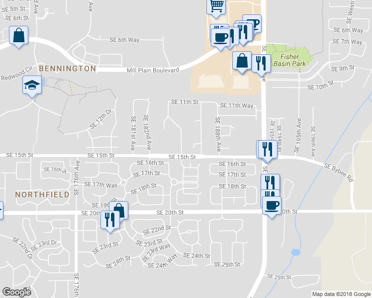 map of restaurants, bars, coffee shops, grocery stores, and more near 18414 Southeast 15th Street in Vancouver