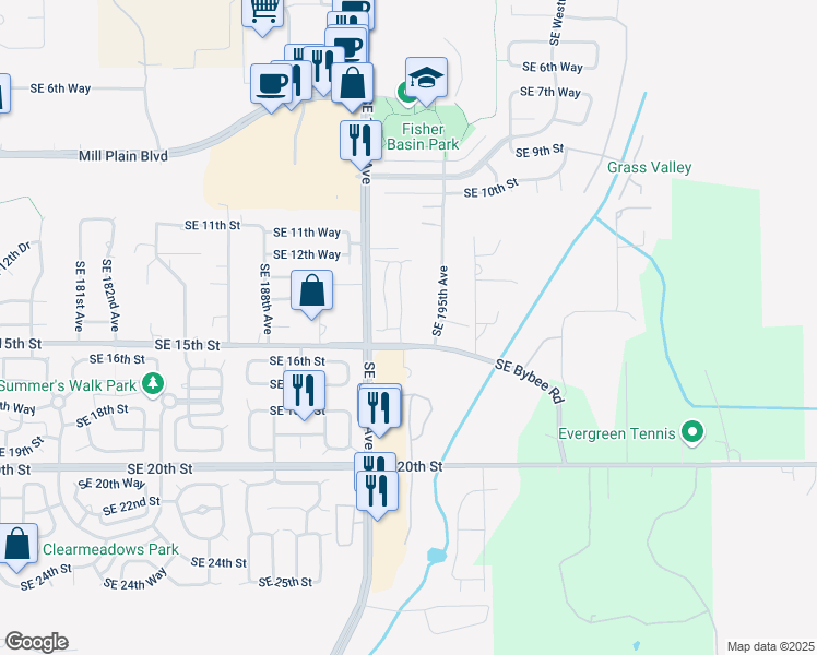 map of restaurants, bars, coffee shops, grocery stores, and more near 1365 Southeast 194th Place in Camas