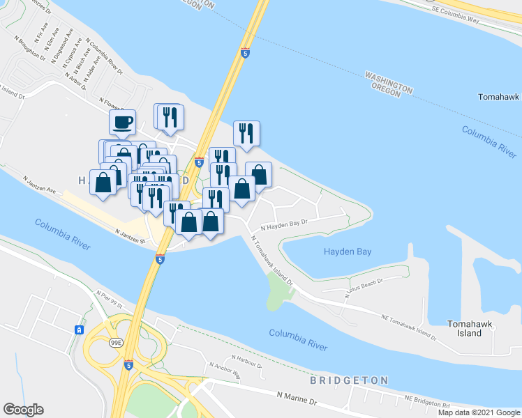 map of restaurants, bars, coffee shops, grocery stores, and more near 12030 North Jantzen Beach Avenue in Portland