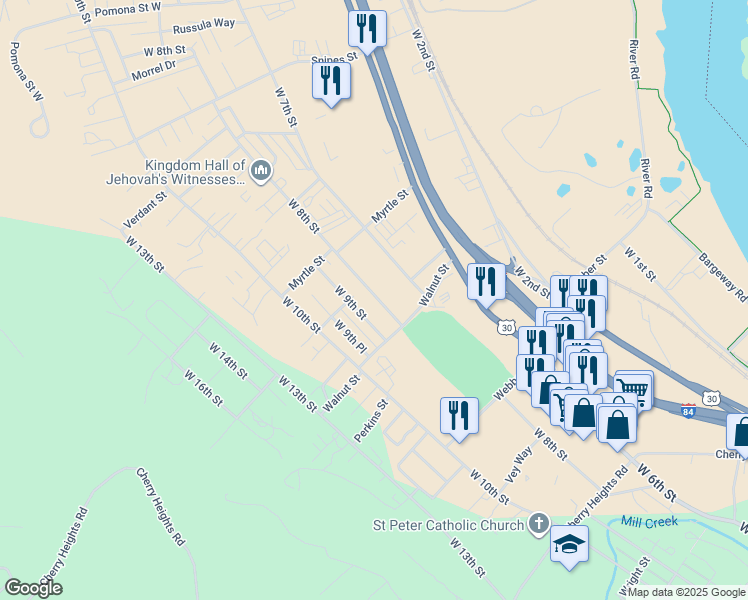 map of restaurants, bars, coffee shops, grocery stores, and more near 2108 West 8th Street in The Dalles