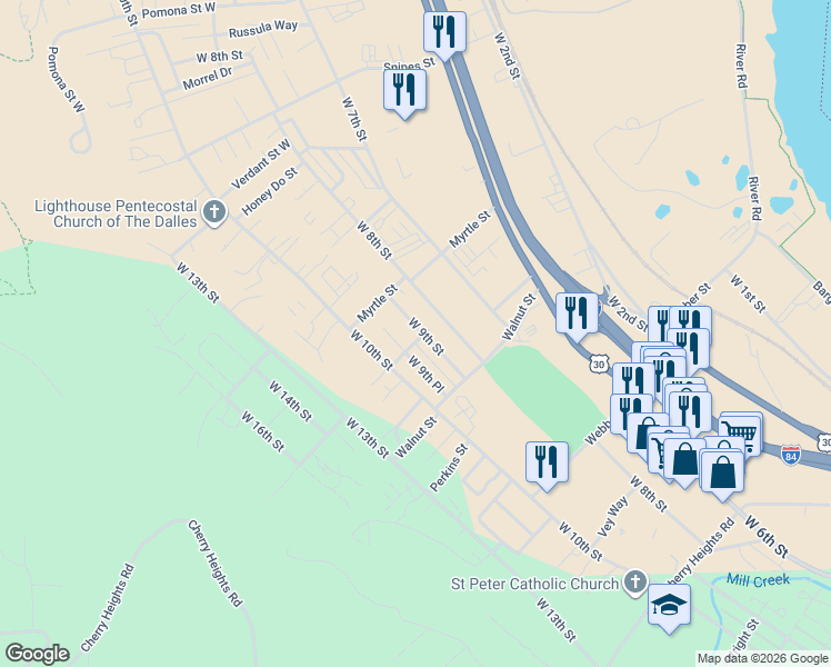 map of restaurants, bars, coffee shops, grocery stores, and more near 1003 Kingsley Street West in The Dalles