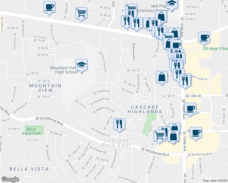 map of restaurants, bars, coffee shops, grocery stores, and more near 15404 Southeast Sunpark Drive in Vancouver
