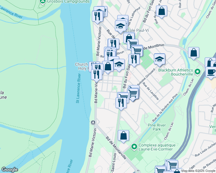 map of restaurants, bars, coffee shops, grocery stores, and more near 524 Rue Saint-Charles in Boucherville