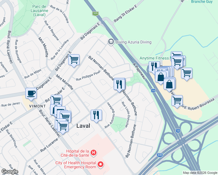 map of restaurants, bars, coffee shops, grocery stores, and more near 425 Rue Jean-Piaget in Laval