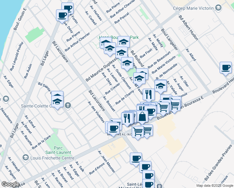 map of restaurants, bars, coffee shops, grocery stores, and more near 5837 Rue Lauzon in Montreal