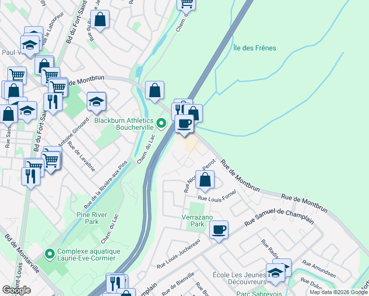 map of restaurants, bars, coffee shops, grocery stores, and more near 701 Rue des Ateliers in Boucherville
