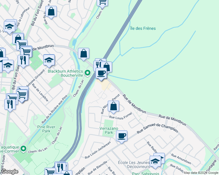 map of restaurants, bars, coffee shops, grocery stores, and more near 770 Rue des Ateliers in Boucherville