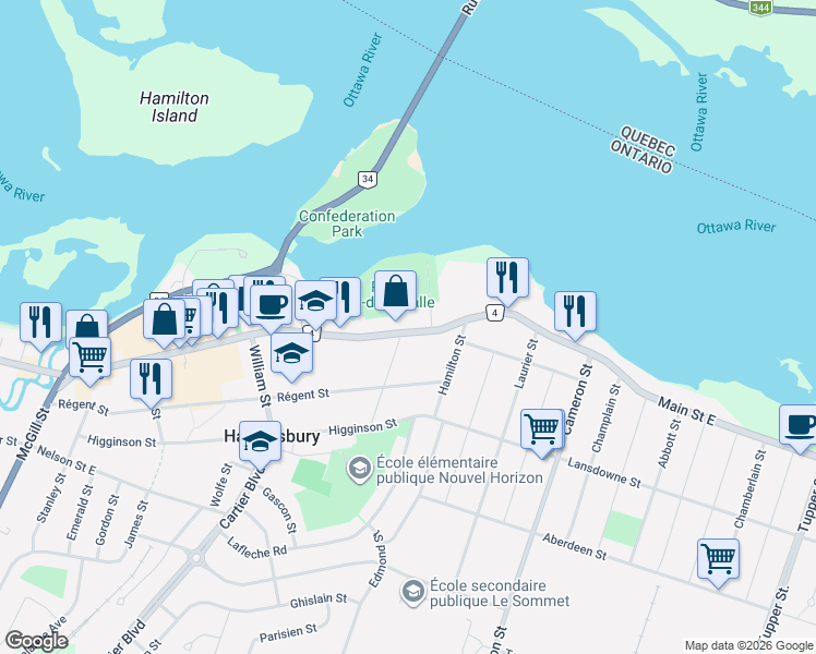 map of restaurants, bars, coffee shops, grocery stores, and more near 697 Main Street East in Hawkesbury