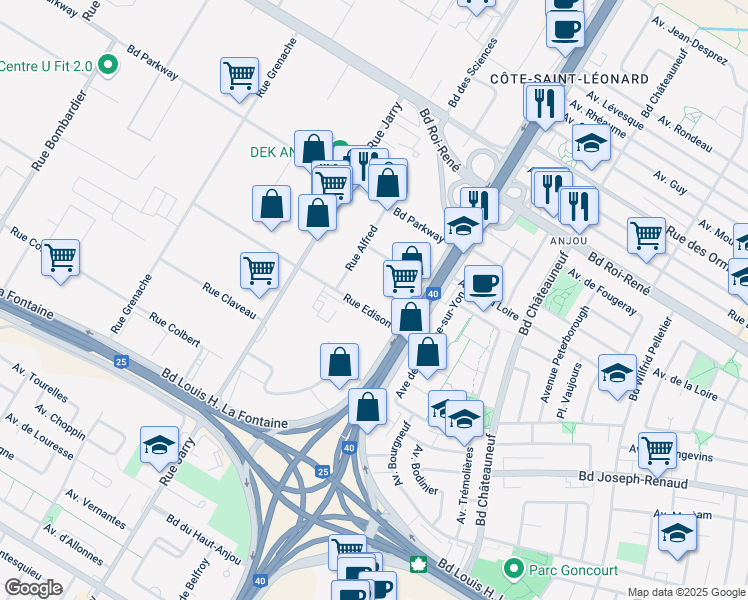 map of restaurants, bars, coffee shops, grocery stores, and more near 8211 Boulevard Métropolitain Est in Montréal