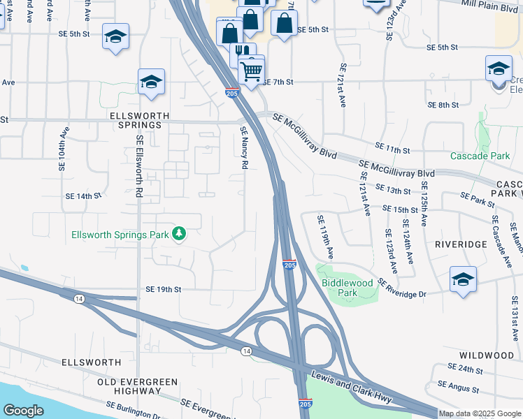map of restaurants, bars, coffee shops, grocery stores, and more near 1506 Southeast 115th Court in Vancouver