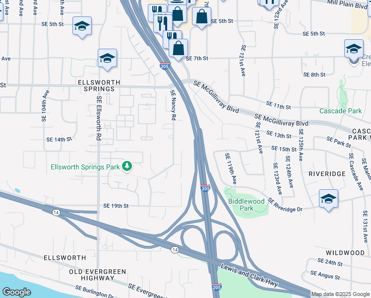 map of restaurants, bars, coffee shops, grocery stores, and more near 1506 Southeast 115th Court in Vancouver