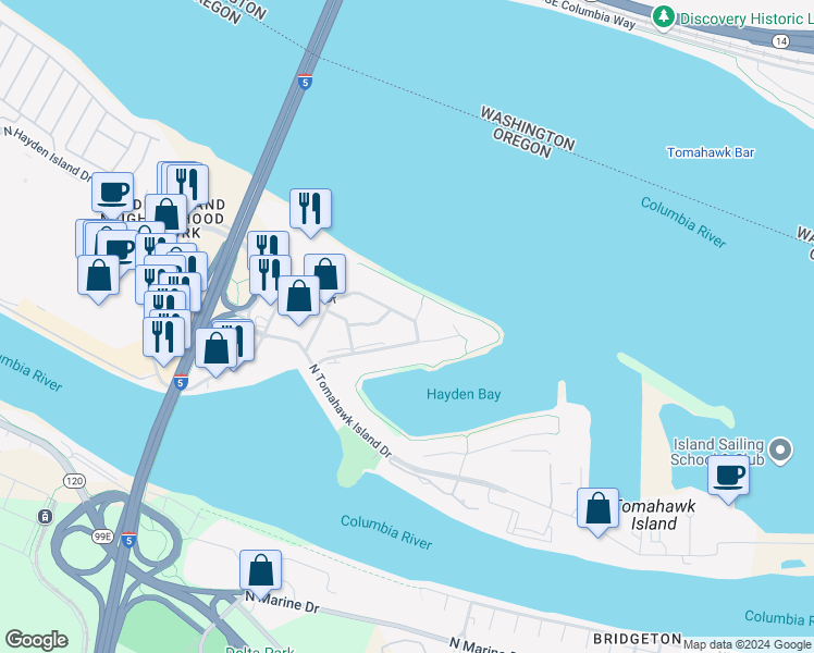 map of restaurants, bars, coffee shops, grocery stores, and more near 378 North Hayden Island Drive in Portland