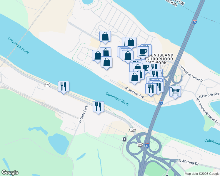 map of restaurants, bars, coffee shops, grocery stores, and more near 1857 North Jantzen Avenue in Portland