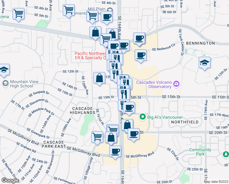 map of restaurants, bars, coffee shops, grocery stores, and more near 1408 Southeast 164th Avenue in Vancouver