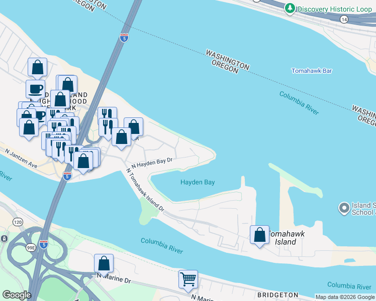 map of restaurants, bars, coffee shops, grocery stores, and more near 197 North Hayden Bay Drive in Portland