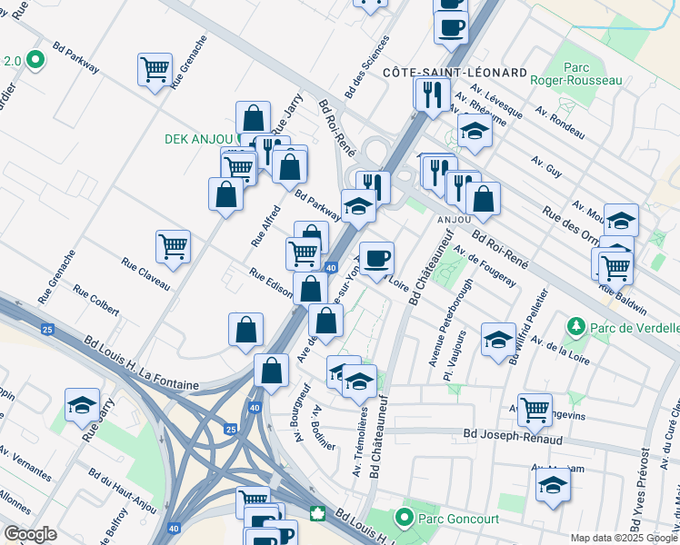 map of restaurants, bars, coffee shops, grocery stores, and more near in Montreal