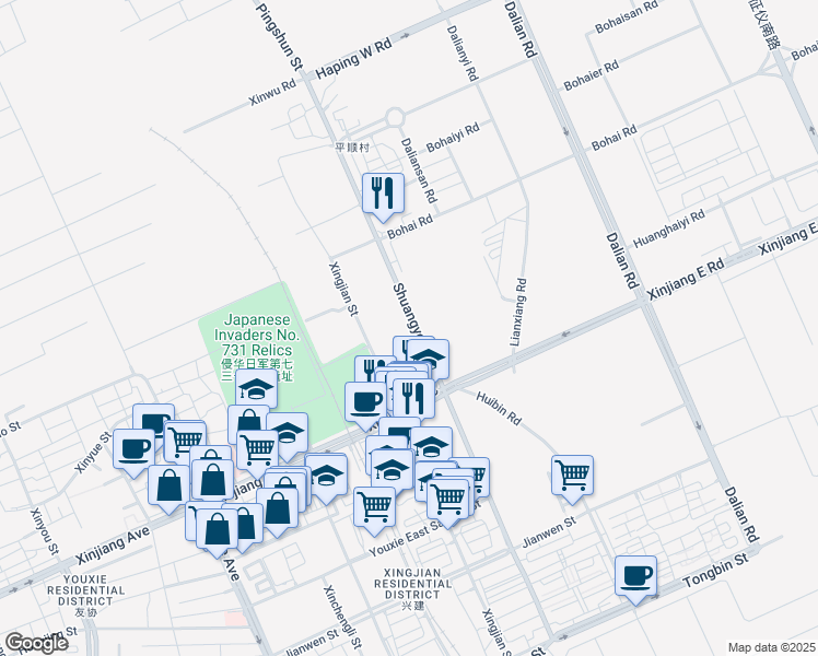 map of restaurants, bars, coffee shops, grocery stores, and more near in Harbin