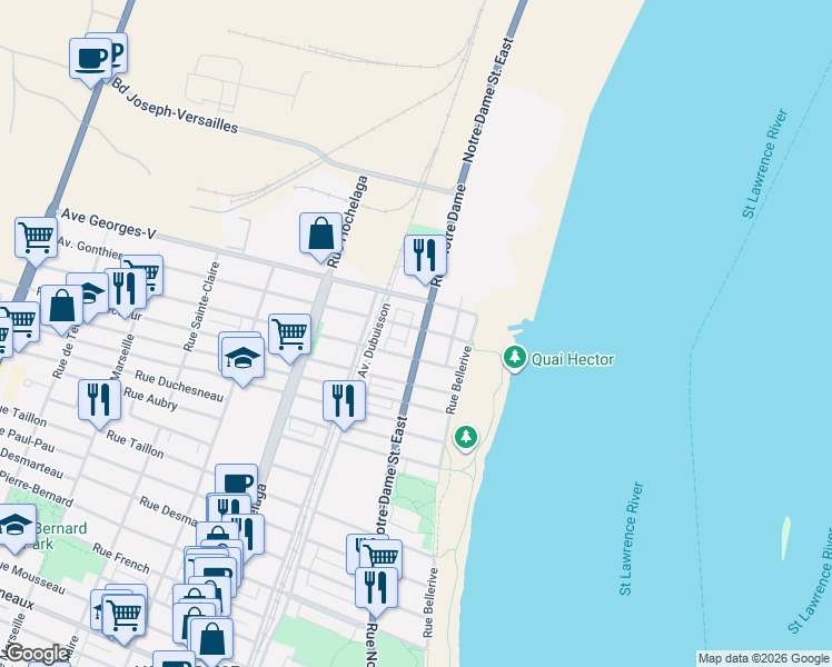 map of restaurants, bars, coffee shops, grocery stores, and more near 9653 Rue Notre-Dame Est in Montréal