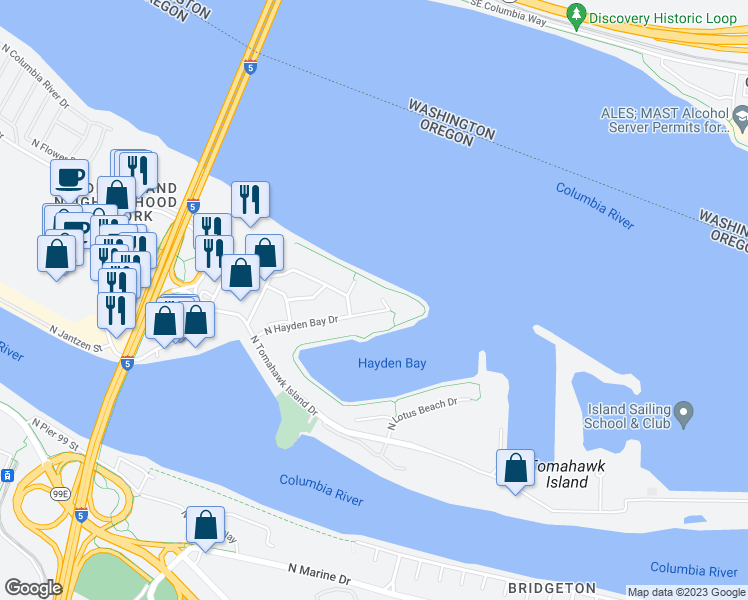 map of restaurants, bars, coffee shops, grocery stores, and more near 195 North Hayden Bay Drive in Portland