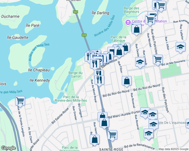 map of restaurants, bars, coffee shops, grocery stores, and more near 103 Boulevard Curé-Labelle in Laval
