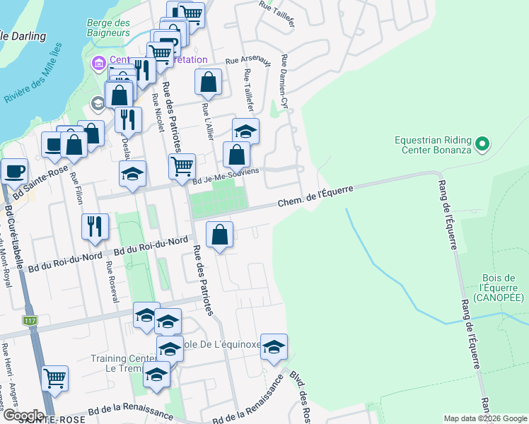 map of restaurants, bars, coffee shops, grocery stores, and more near 162 Chemin de l'Équerre in Laval