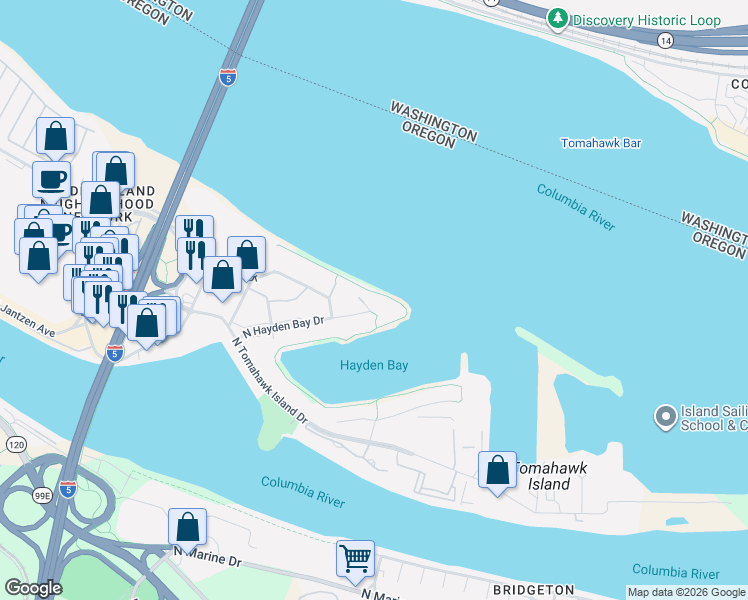 map of restaurants, bars, coffee shops, grocery stores, and more near 195 North Hayden Bay Drive in Portland