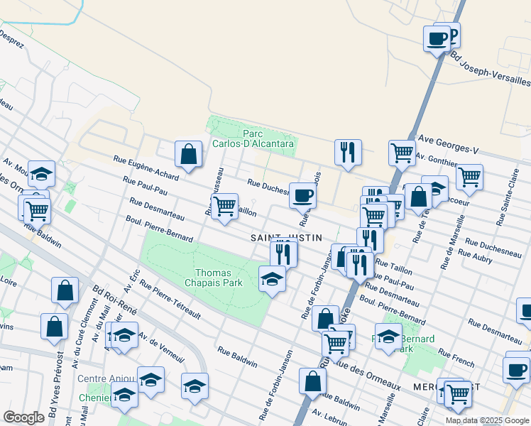 map of restaurants, bars, coffee shops, grocery stores, and more near 9211 Rue Tiffin in Montreal