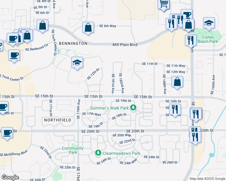 map of restaurants, bars, coffee shops, grocery stores, and more near 1409 Southeast 181st Avenue in Vancouver