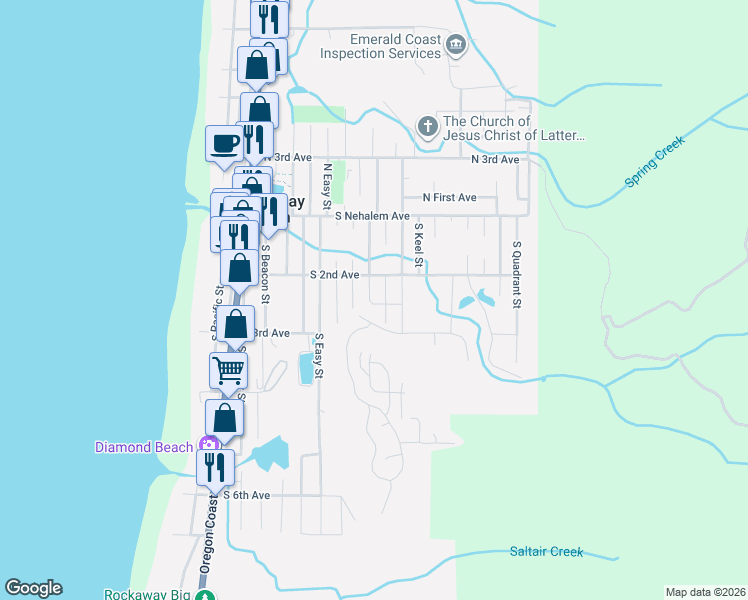 map of restaurants, bars, coffee shops, grocery stores, and more near 240 South Harbor Street in Rockaway Beach