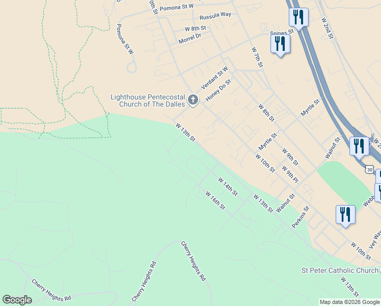 map of restaurants, bars, coffee shops, grocery stores, and more near 1405 Gordon Court in The Dalles