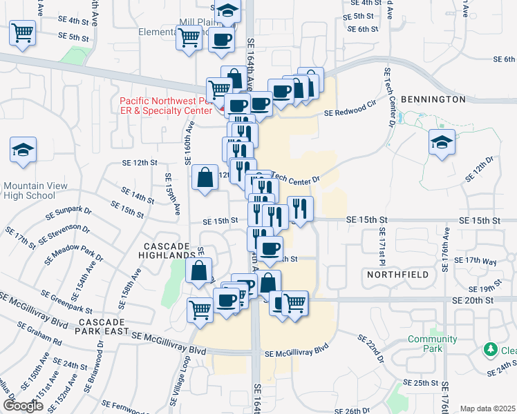 map of restaurants, bars, coffee shops, grocery stores, and more near 16500 SE 15th St in Vancouver