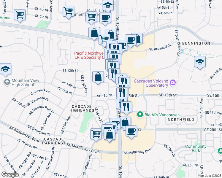 map of restaurants, bars, coffee shops, grocery stores, and more near 1408 Southeast 164th Avenue in Vancouver