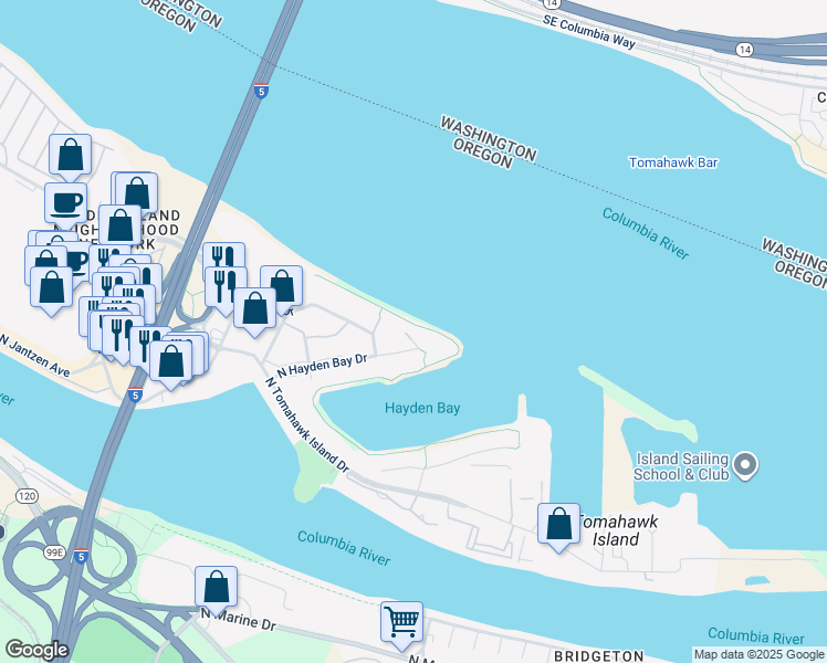 map of restaurants, bars, coffee shops, grocery stores, and more near 125 North Hayden Bay Drive in Portland