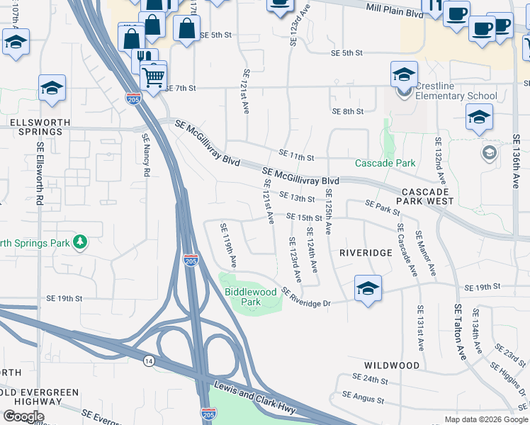 map of restaurants, bars, coffee shops, grocery stores, and more near 1501 Southeast 121st Avenue in Vancouver