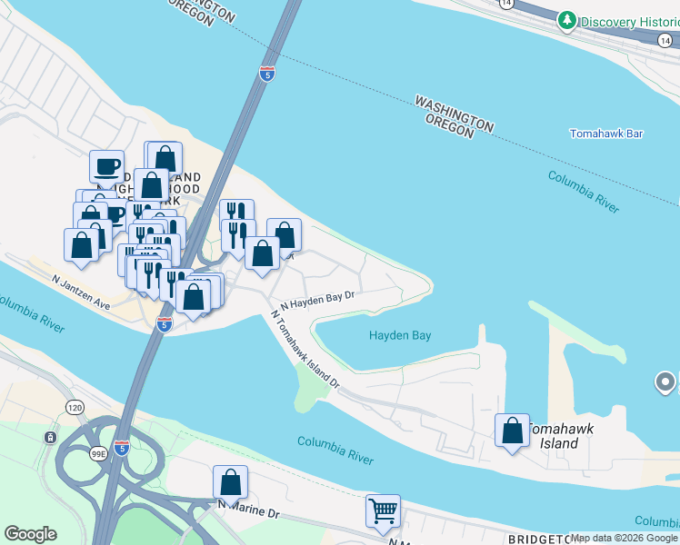 map of restaurants, bars, coffee shops, grocery stores, and more near 378 North Hayden Island Drive in Portland