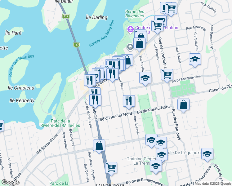 map of restaurants, bars, coffee shops, grocery stores, and more near 1389 Rue du Plateau Ouimet in Laval
