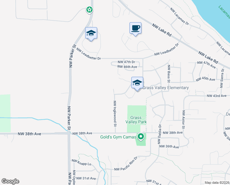map of restaurants, bars, coffee shops, grocery stores, and more near 3351 Northwest Grass Valley Drive in Camas