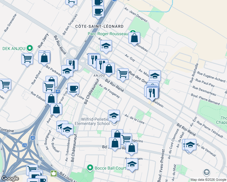 map of restaurants, bars, coffee shops, grocery stores, and more near 7343 Avenue de Fougeray in Montréal