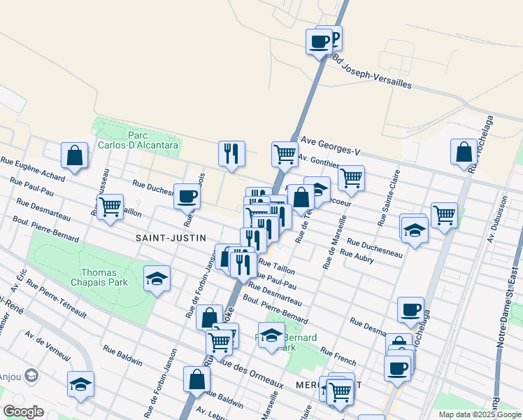 map of restaurants, bars, coffee shops, grocery stores, and more near 9280 Rue Sherbrooke Est in Montréal
