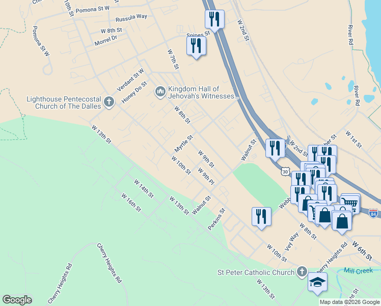 map of restaurants, bars, coffee shops, grocery stores, and more near 2218 West 9th Place in The Dalles
