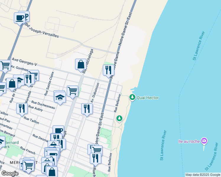 map of restaurants, bars, coffee shops, grocery stores, and more near 9670 Rue Notre Dame Est in Montréal