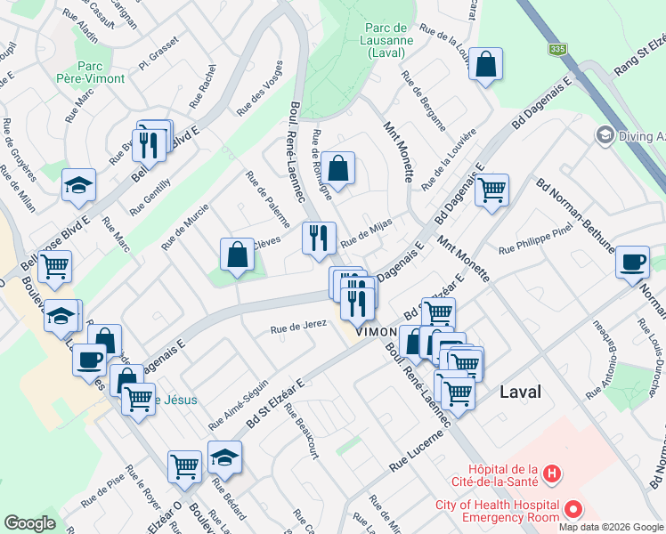 map of restaurants, bars, coffee shops, grocery stores, and more near 2100 Boulevard René-Laennec in Laval