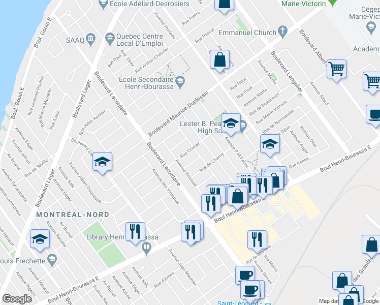 map of restaurants, bars, coffee shops, grocery stores, and more near 5866 Rue Crevier in Montréal