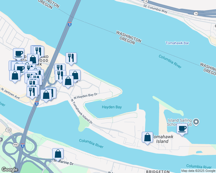 map of restaurants, bars, coffee shops, grocery stores, and more near 155 North Hayden Bay Drive in Portland