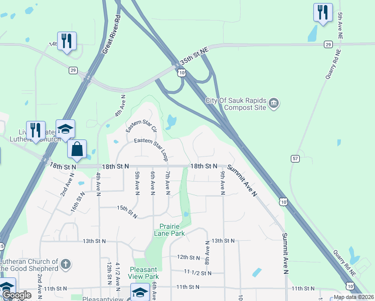 map of restaurants, bars, coffee shops, grocery stores, and more near 1805 Star Drive in Sauk Rapids
