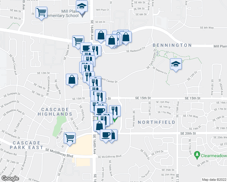 map of restaurants, bars, coffee shops, grocery stores, and more near 1498 Southeast Tech Center Place in Vancouver