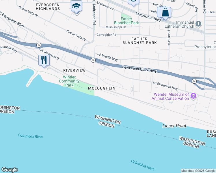 map of restaurants, bars, coffee shops, grocery stores, and more near 6903 Southeast Riverside Drive in Vancouver