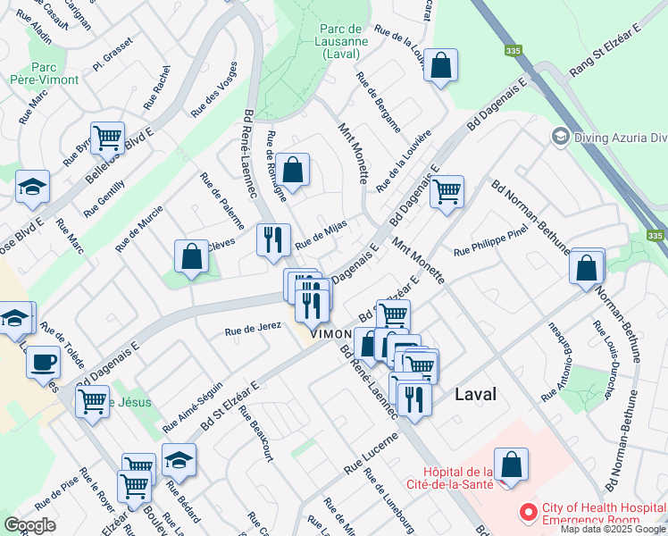 map of restaurants, bars, coffee shops, grocery stores, and more near 395 Boulevard Dagenais Est in Laval
